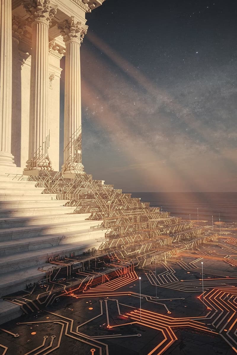 Classical columns meeting circuit pathways under a night sky