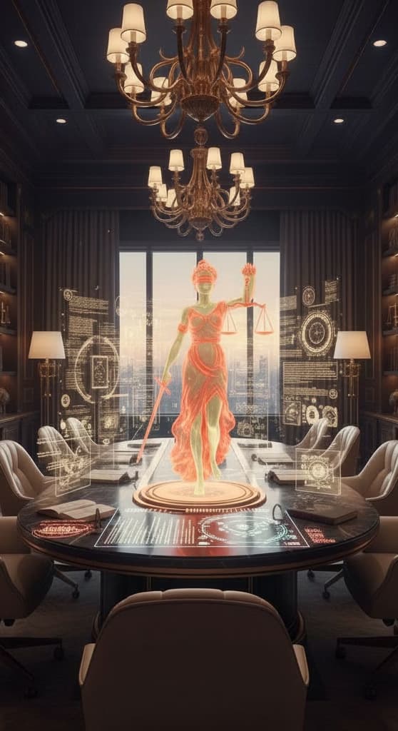 Futuristic boardroom with holographic Lady Justice