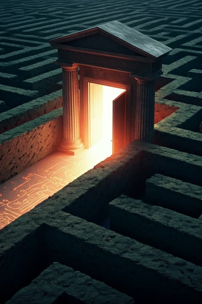 Stone maze with a glowing classical doorway