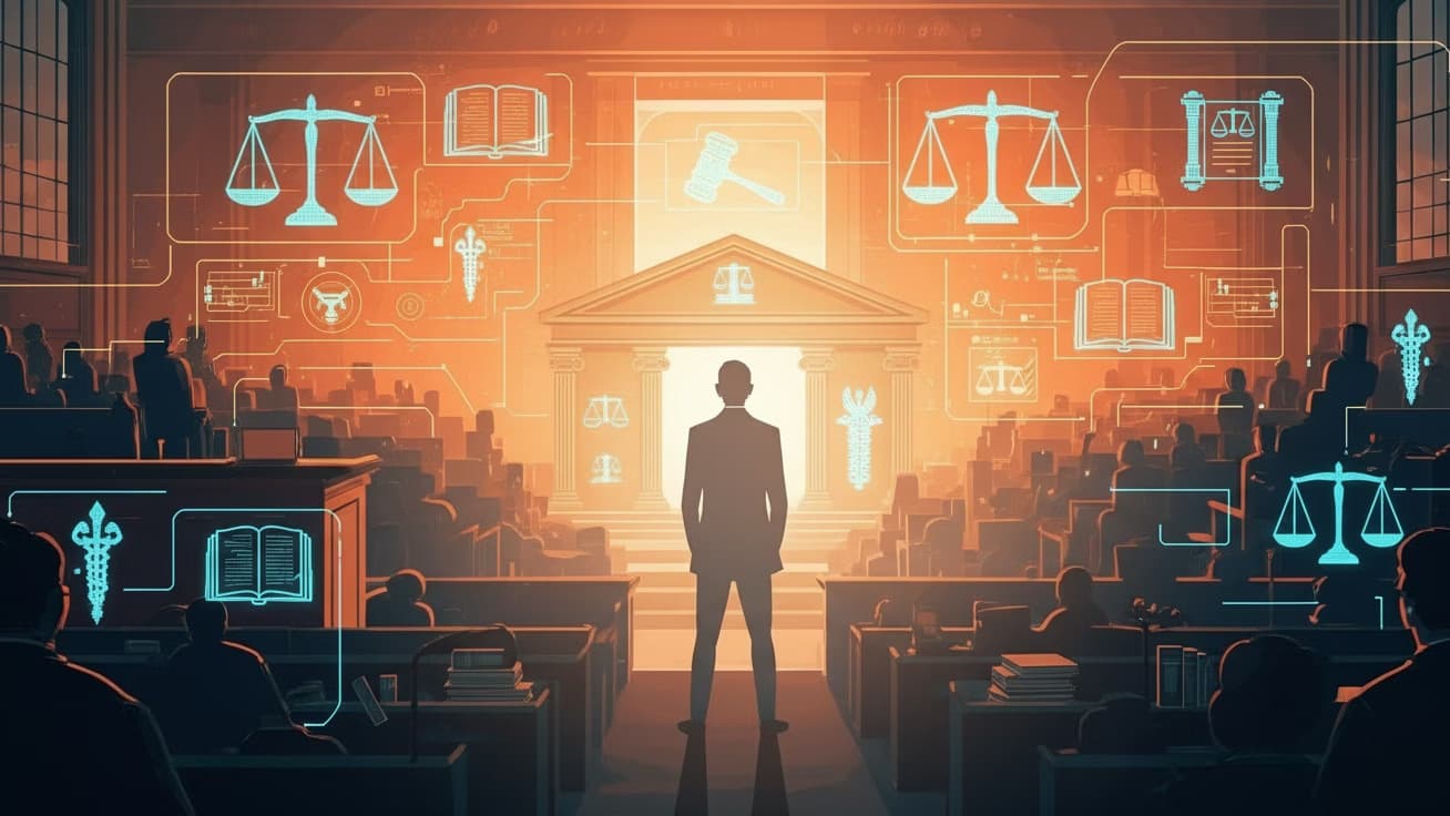 Courtroom silhouette with legal and technology iconography