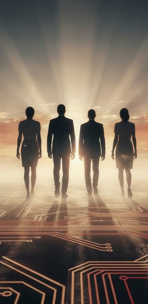 Professionals walking toward a luminous horizon on circuit pathways