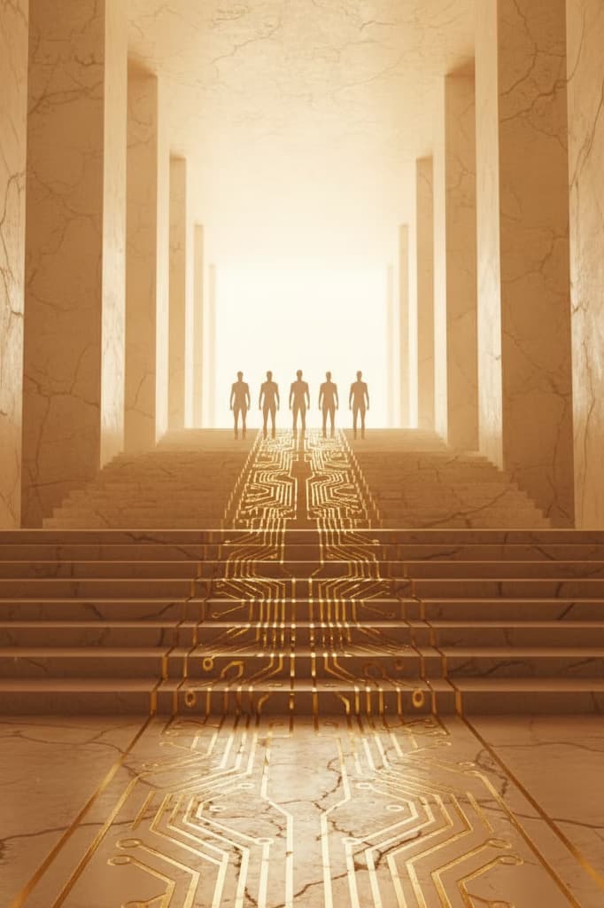 Marble staircase with circuit pathways leading toward silhouettes in light