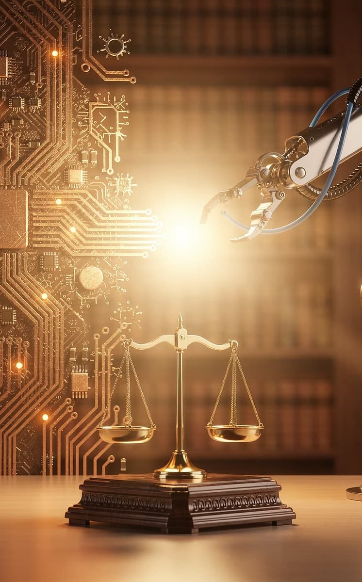 Robotic arm and scales of justice over a circuit and library backdrop