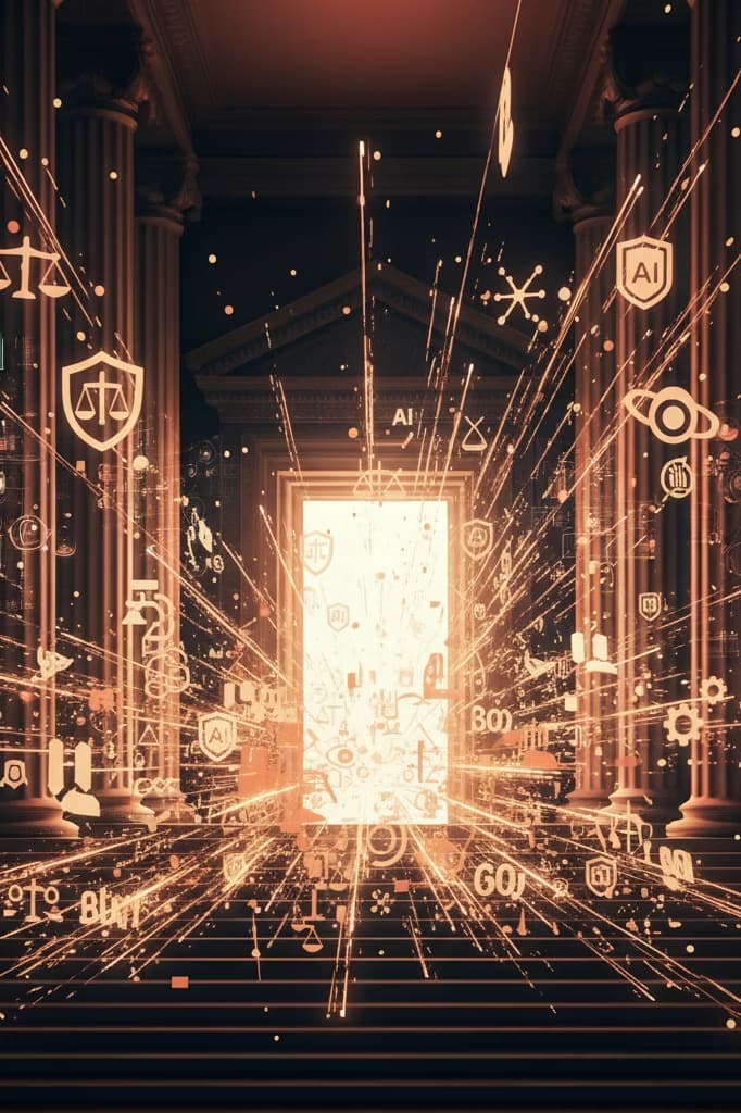 Classical hall with light burst of legal and technology icons