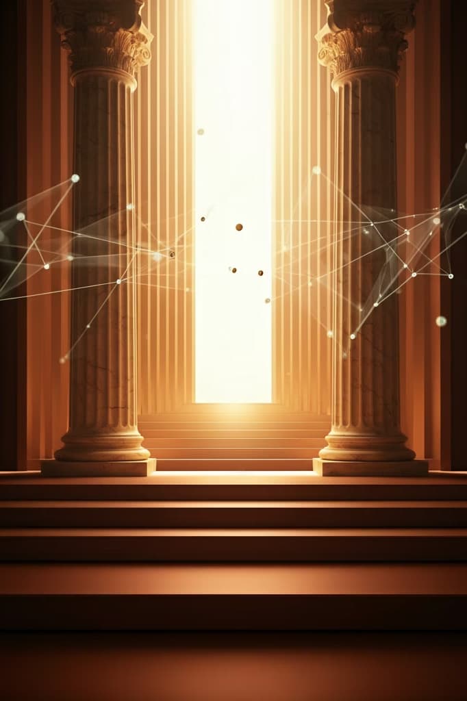 Classical columns framing a glowing doorway with network overlay