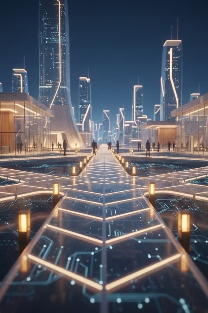 Futuristic city plaza with circuit pathways